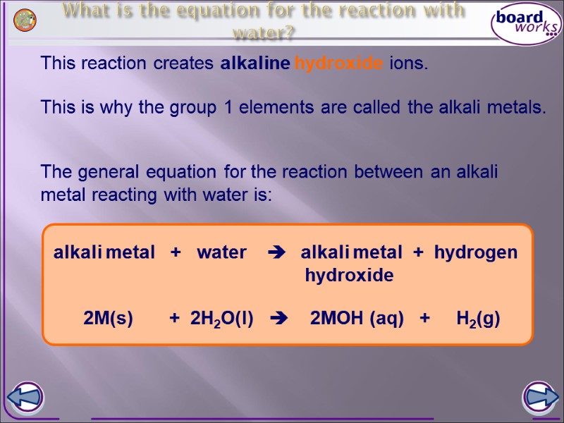 This reaction creates alkaline hydroxide ions.  The general equation for the reaction between